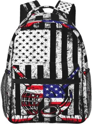 American Flag Ice Hockey Backpack Casual Pack Bag Laptop Backpack With Side Pocket Front Zipper Pocket Bookpack Travel Daypack Picnic Rucksack