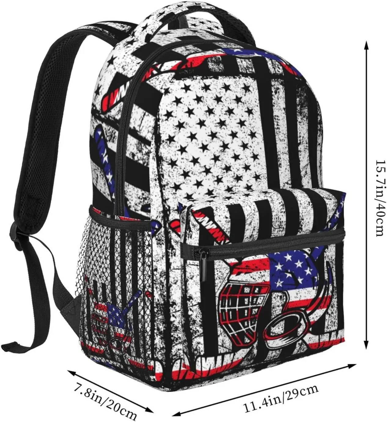 American Flag Ice Hockey Backpack Casual Pack Bag Laptop Backpack With Side Pocket Front Zipper Pocket Bookpack Travel Daypack Picnic Rucksack