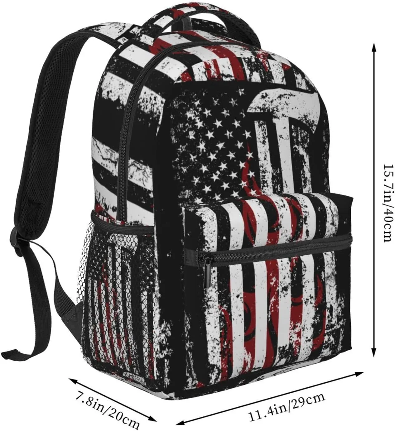 American Flame Axe Firefighter Flag Backpack Casual Pack Bag Laptop Backpack With Side Pocket Front Zipper Pocket Bookpack Travel Daypack Picnic Rucksack