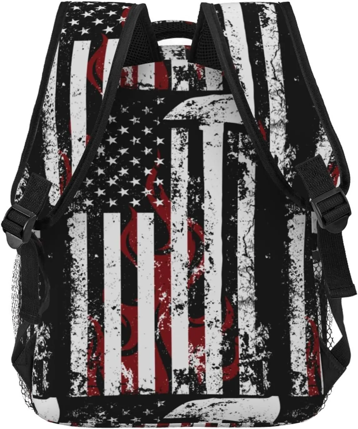 American Flame Axe Firefighter Flag Backpack Casual Pack Bag Laptop Backpack With Side Pocket Front Zipper Pocket Bookpack Travel Daypack Picnic Rucksack