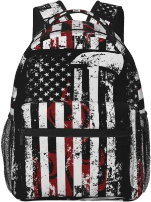 American Flame Axe Firefighter Flag Backpack Casual Pack Bag Laptop Backpack With Side Pocket Front Zipper Pocket Bookpack Travel Daypack Picnic Rucksack