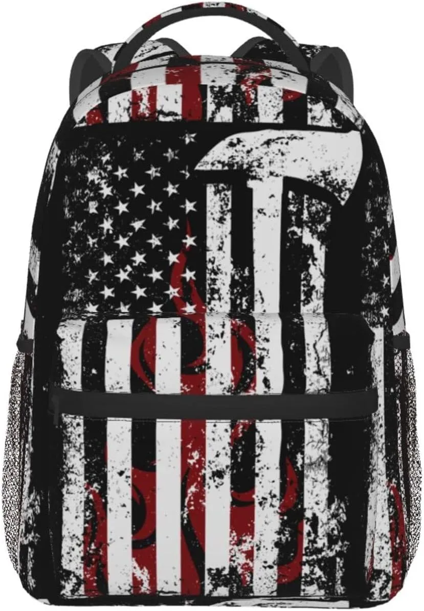 American Flame Axe Firefighter Flag Backpack Casual Pack Bag Laptop Backpack With Side Pocket Front Zipper Pocket Bookpack Travel Daypack Picnic Rucksack