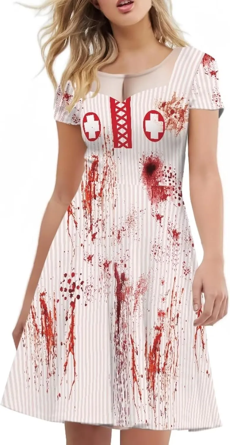 Amzprint Purple Tunic Bodycon Midi Swing Halloween Party Dress for Women Plus Size High Waist Short Sleeve Pleated Dress