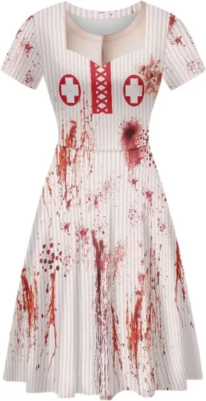 Amzprint Purple Tunic Bodycon Midi Swing Halloween Party Dress for Women Plus Size High Waist Short Sleeve Pleated Dress