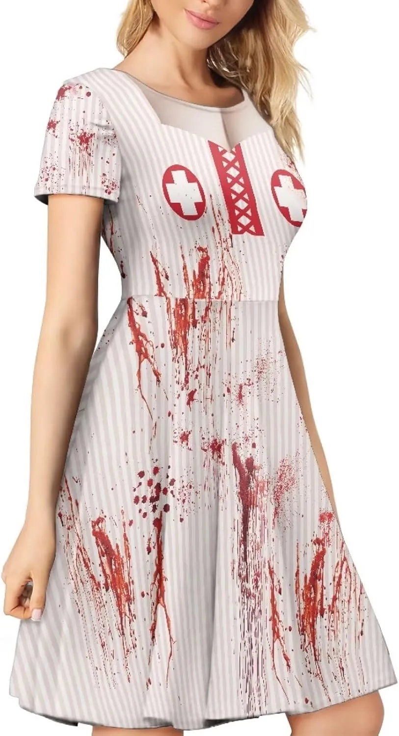 Amzprint Purple Tunic Bodycon Midi Swing Halloween Party Dress for Women Plus Size High Waist Short Sleeve Pleated Dress