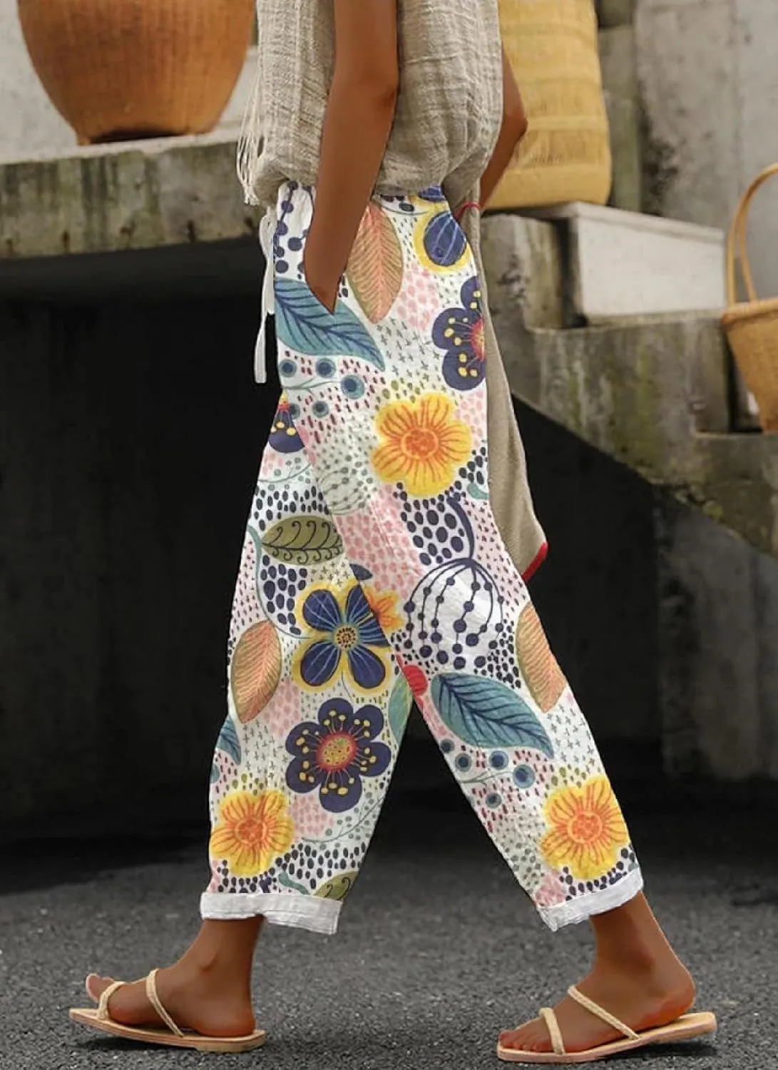 Ankle Pant for Women Casual Clolr Block Floral Drawstring High Waist Straight Leg Pants Loose Comfy Trousers with Pockets