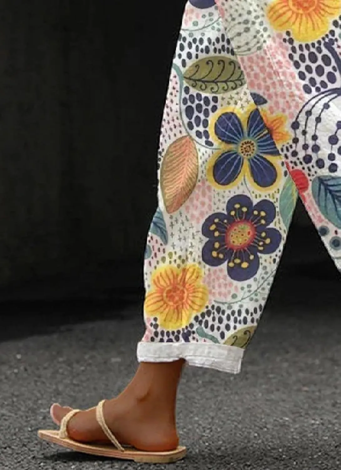 Ankle Pant for Women Casual Clolr Block Floral Drawstring High Waist Straight Leg Pants Loose Comfy Trousers with Pockets