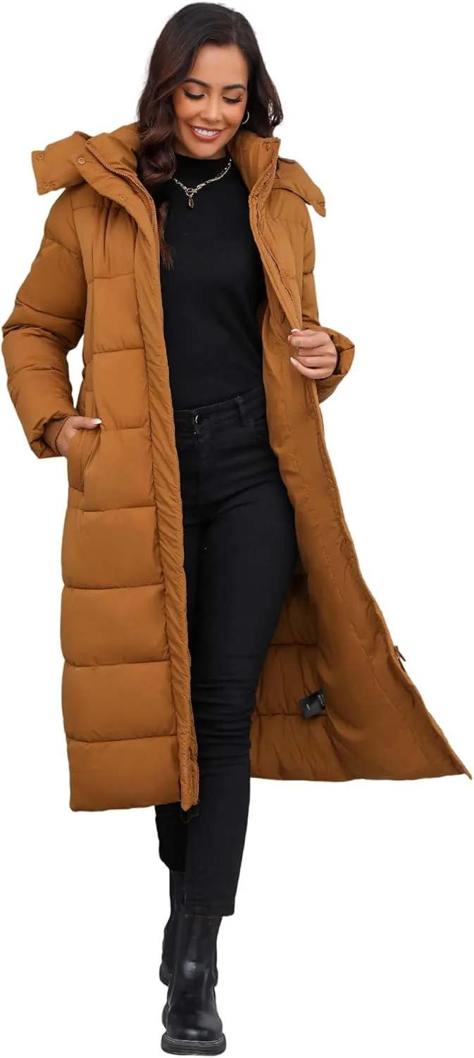 ANOTHER CHOICE Women's Down Coat with Detachable Hood, Long Puffer Coat Women Winter Jacket