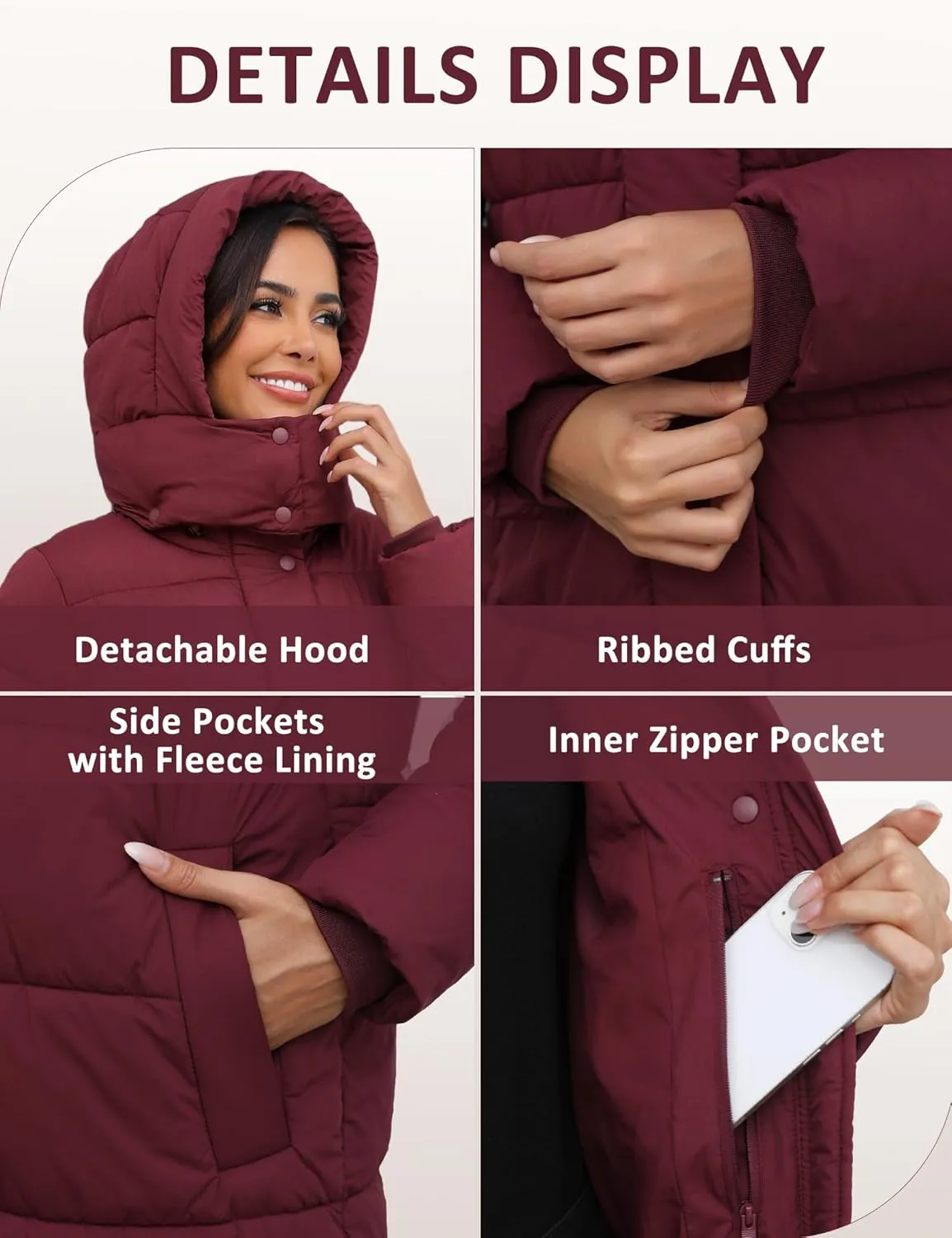 ANOTHER CHOICE Women's Down Coat with Detachable Hood, Long Puffer Coat Women Winter Jacket