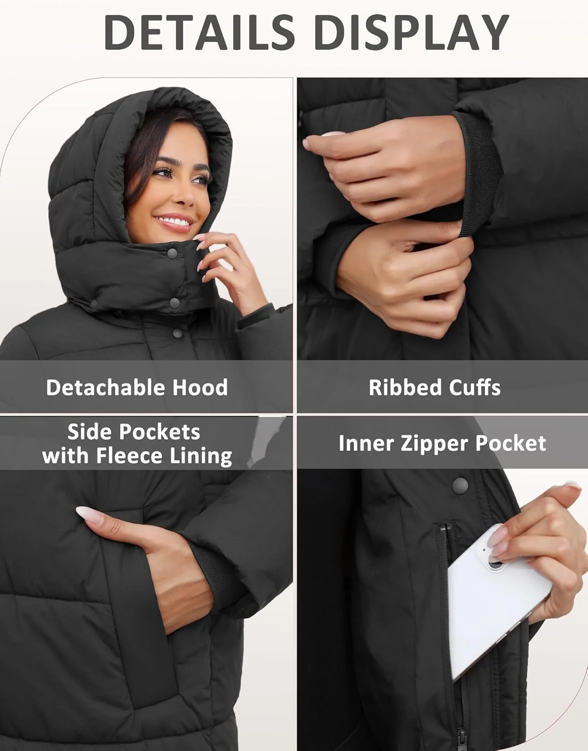 ANOTHER CHOICE Women's Down Coat with Detachable Hood, Long Puffer Coat Women Winter Jacket