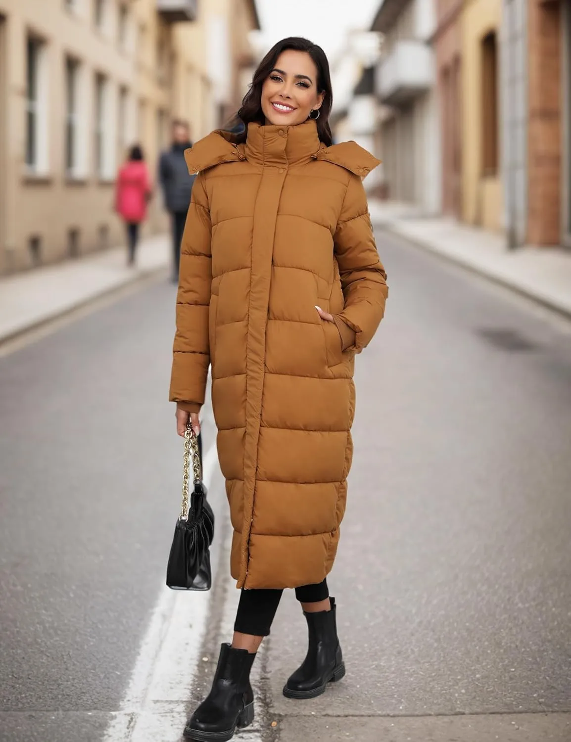 ANOTHER CHOICE Women's Down Coat with Detachable Hood, Long Puffer Coat Women Winter Jacket