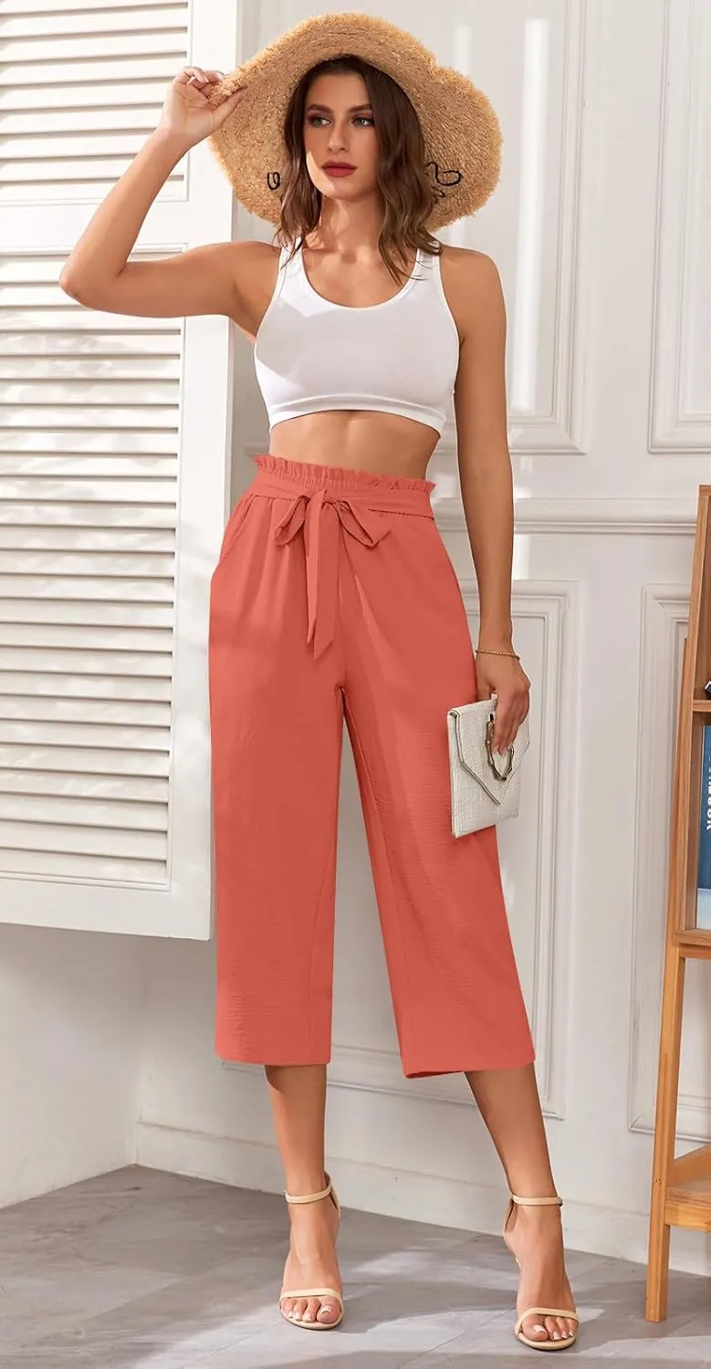 Aodemo Womens Capri Pants Plus Size Wide Leg High Waist Tie Knot Pants Casual Loose Palazzo Trousers with Pockets M-4XL
