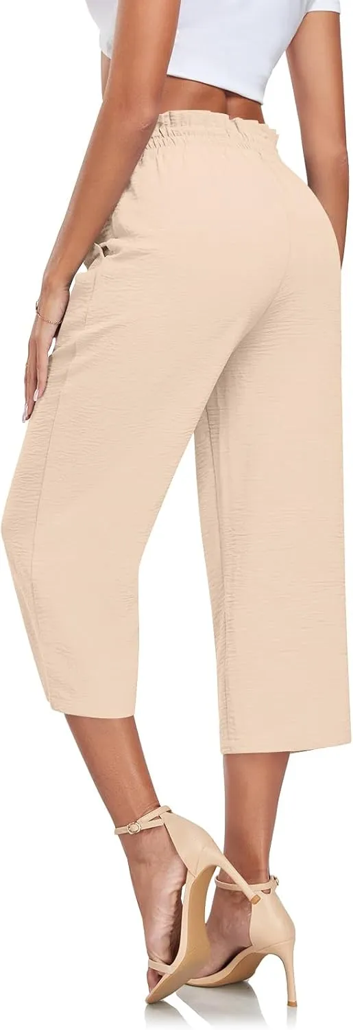 Aodemo Womens Capri Pants Plus Size Wide Leg High Waist Tie Knot Pants Casual Loose Palazzo Trousers with Pockets M-4XL