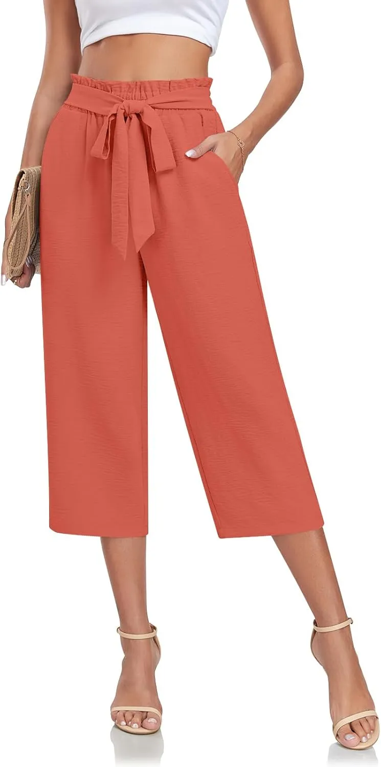 Aodemo Womens Capri Pants Plus Size Wide Leg High Waist Tie Knot Pants Casual Loose Palazzo Trousers with Pockets M-4XL