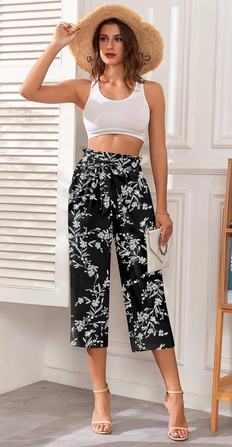 Aodemo Womens Capri Pants Plus Size Wide Leg High Waist Tie Knot Pants Casual Loose Palazzo Trousers with Pockets M-4XL