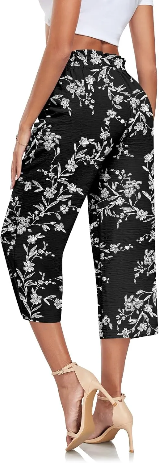 Aodemo Womens Capri Pants Plus Size Wide Leg High Waist Tie Knot Pants Casual Loose Palazzo Trousers with Pockets M-4XL