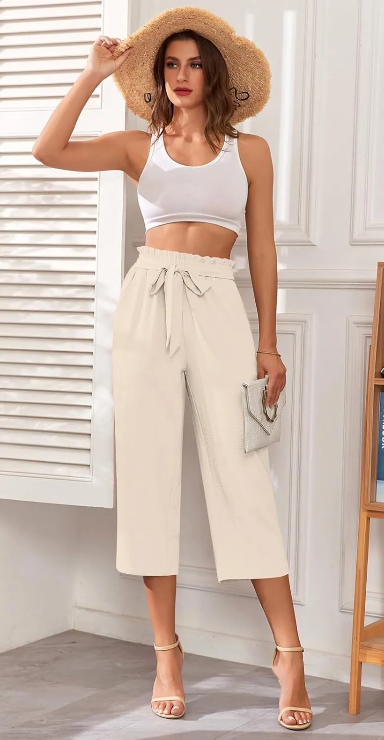 Aodemo Womens Capri Pants Plus Size Wide Leg High Waist Tie Knot Pants Casual Loose Palazzo Trousers with Pockets M-4XL