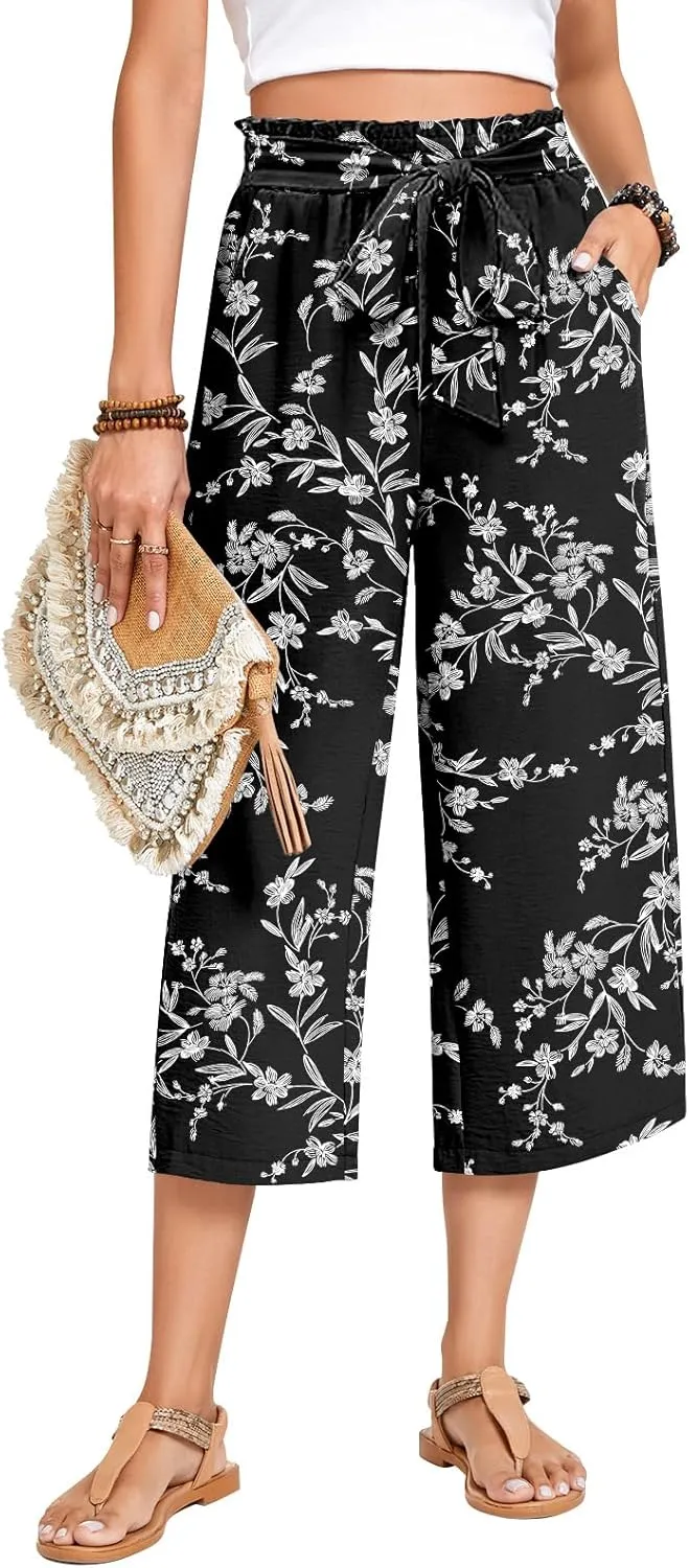 Aodemo Womens Capri Pants Plus Size Wide Leg High Waist Tie Knot Pants Casual Loose Palazzo Trousers with Pockets M-4XL