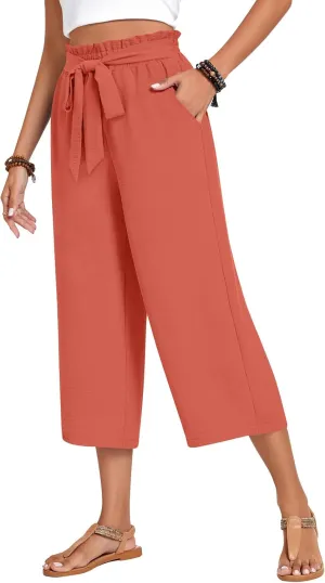 Aodemo Womens Capri Pants Plus Size Wide Leg High Waist Tie Knot Pants Casual Loose Palazzo Trousers with Pockets M-4XL