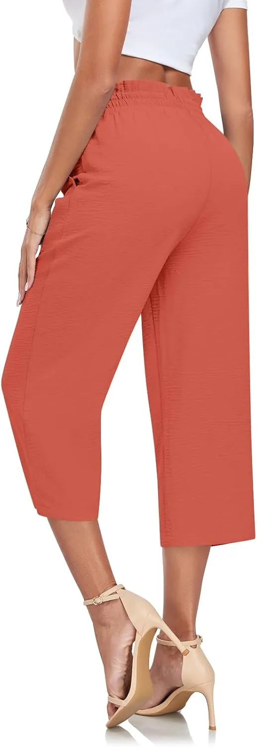Aodemo Womens Capri Pants Plus Size Wide Leg High Waist Tie Knot Pants Casual Loose Palazzo Trousers with Pockets M-4XL