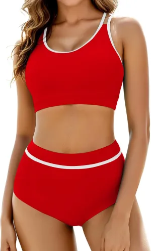 Arolina Women's High Waisted Bikini Sets Cheeky Two Piece Swimsuits Color Block Sporty Bathing Suits High Cut Swimwear