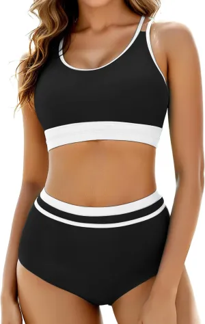 Arolina Women's High Waisted Bikini Sets Cheeky Two Piece Swimsuits Color Block Sporty Bathing Suits High Cut Swimwear