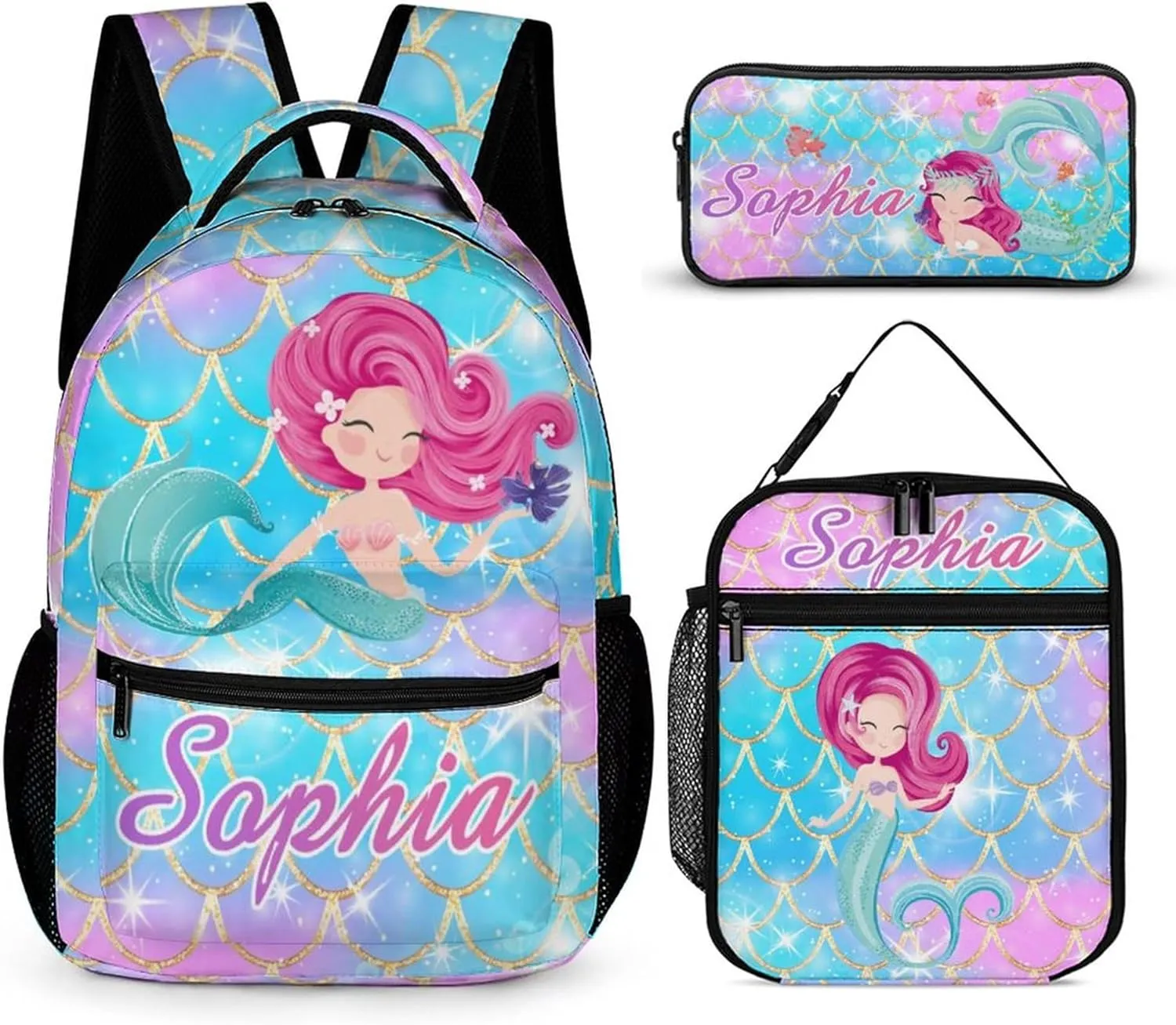 Artsadd Mermaid Backpack with Name Personalized Mermaid Gifts Bags Name Backpack Travel Laptop Backpack 3 Piece Backpack Set