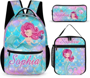 Artsadd Mermaid Backpack with Name Personalized Mermaid Gifts Bags Name Backpack Travel Laptop Backpack 3 Piece Backpack Set