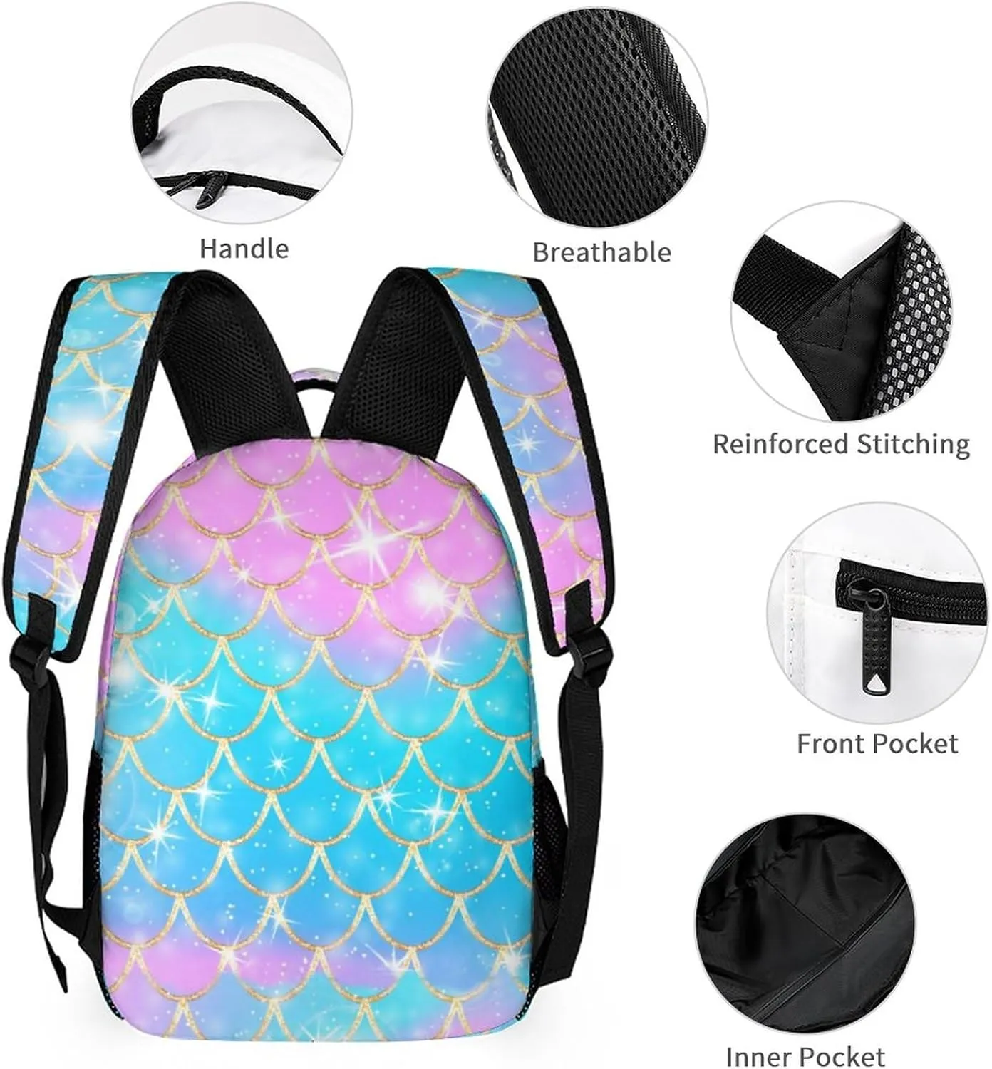Artsadd Mermaid Backpack with Name Personalized Mermaid Gifts Bags Name Backpack Travel Laptop Backpack 3 Piece Backpack Set