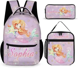 Artsadd Mermaid Backpack with Name Personalized Mermaid Gifts Mermaid Stuff Travel Laptop Backpack 3 Piece Backpack Set