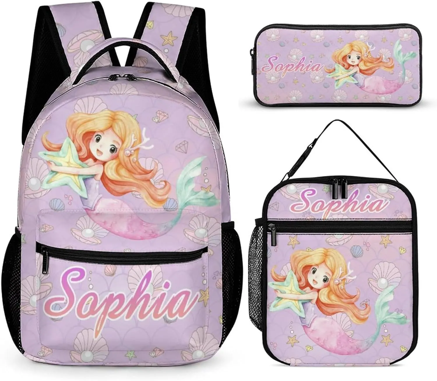 Artsadd Mermaid Backpack with Name Personalized Mermaid Gifts Mermaid Stuff Travel Laptop Backpack 3 Piece Backpack Set