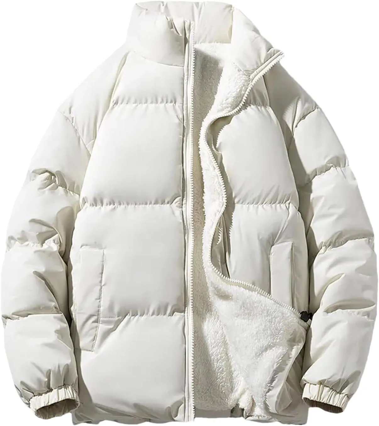 Autumn Winter Warm Men Plus Size Fleece Jacket Solid Color Thicken Cotton Padded Jacket Stand Collar Casual Coat