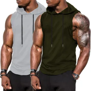 Babioboa Men's Workout Hooded Tank Top 2 Pack Sports Training Sleeveless Gym Hoodie Bodybuilding Cut Off Muscle Shirts