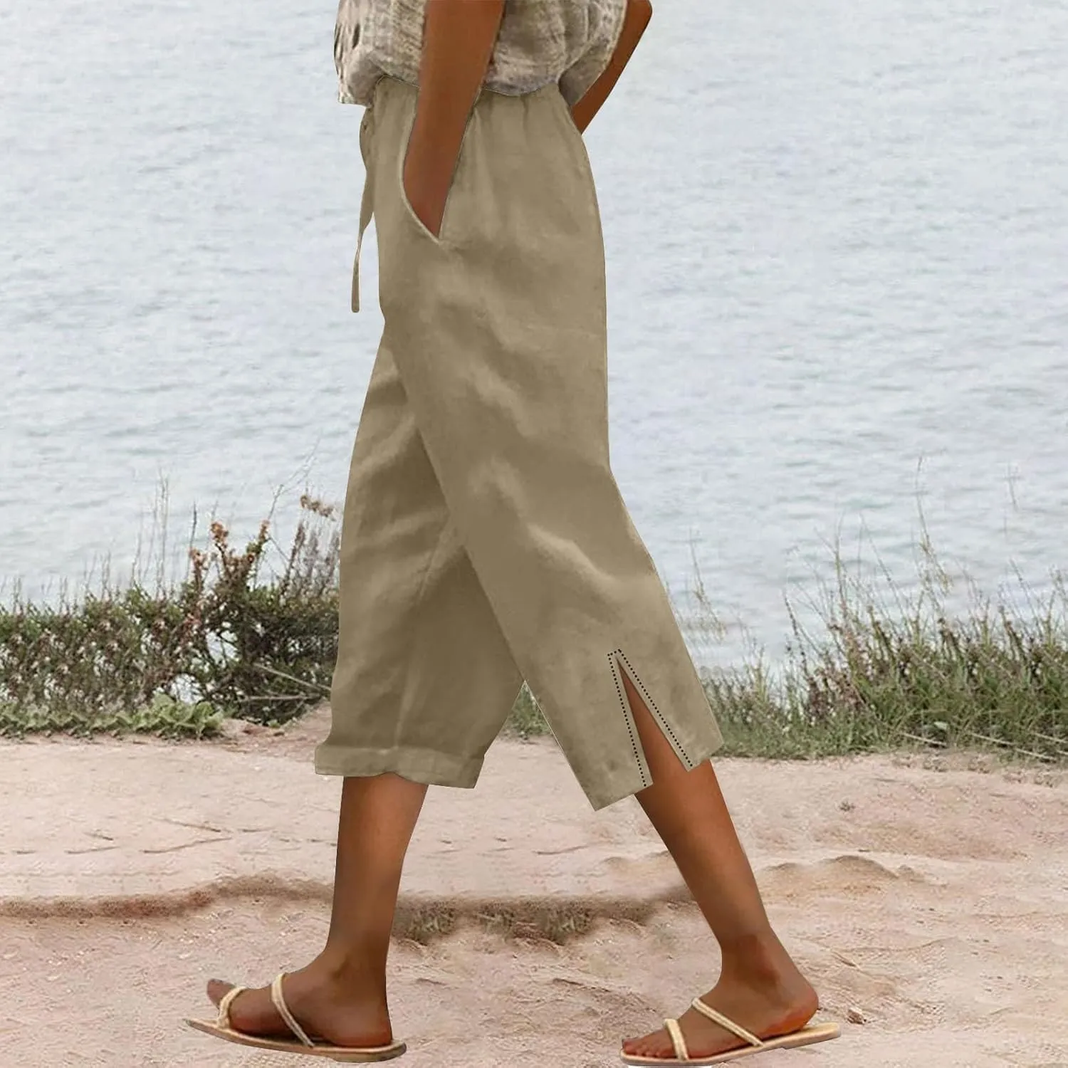Baggy Linen Pants Women Summer Boho Lightweight High Waist Palazzo Pant Loose Comfy Straight Leg Pants with Pockets