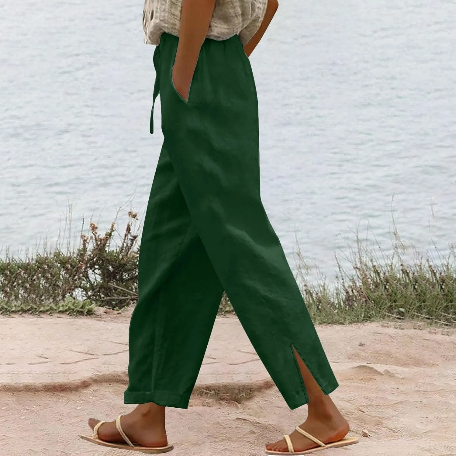 Baggy Linen Pants Women Summer Boho Lightweight High Waist Palazzo Pant Loose Comfy Straight Leg Pants with Pockets