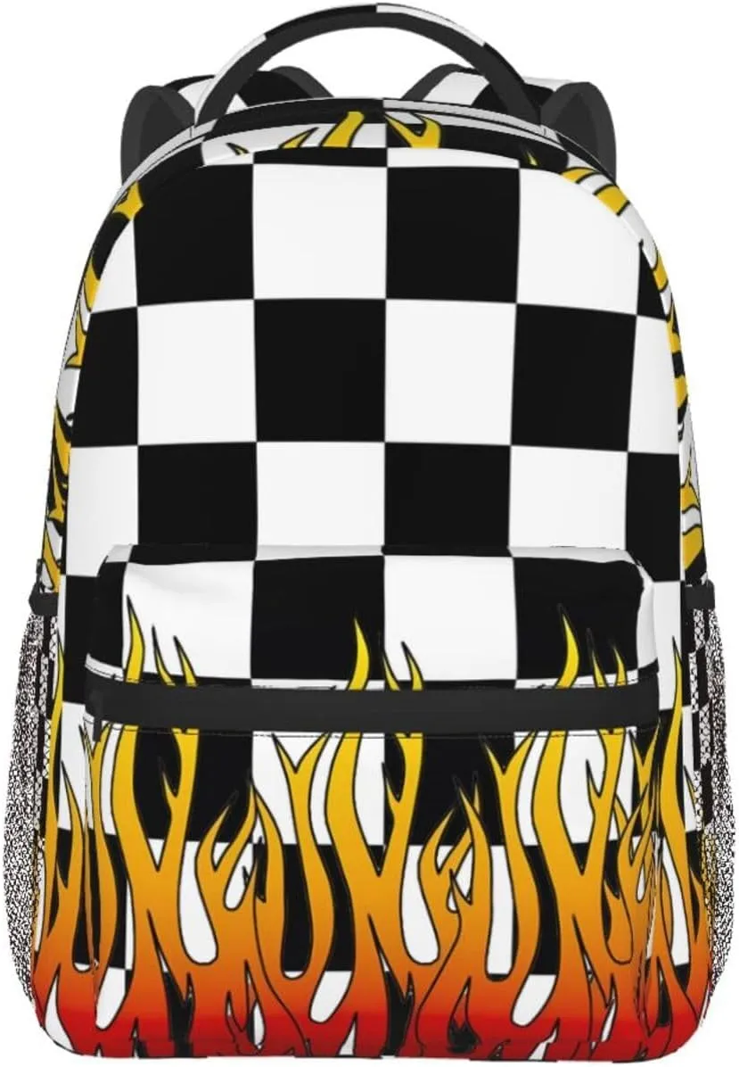 Black And White Checkered Racing Flames Flag Backpack Casual Pack Bag Laptop Backpack With Side Pocket Front Zipper Pocket Bookpack Travel Daypack Picnic Rucksack