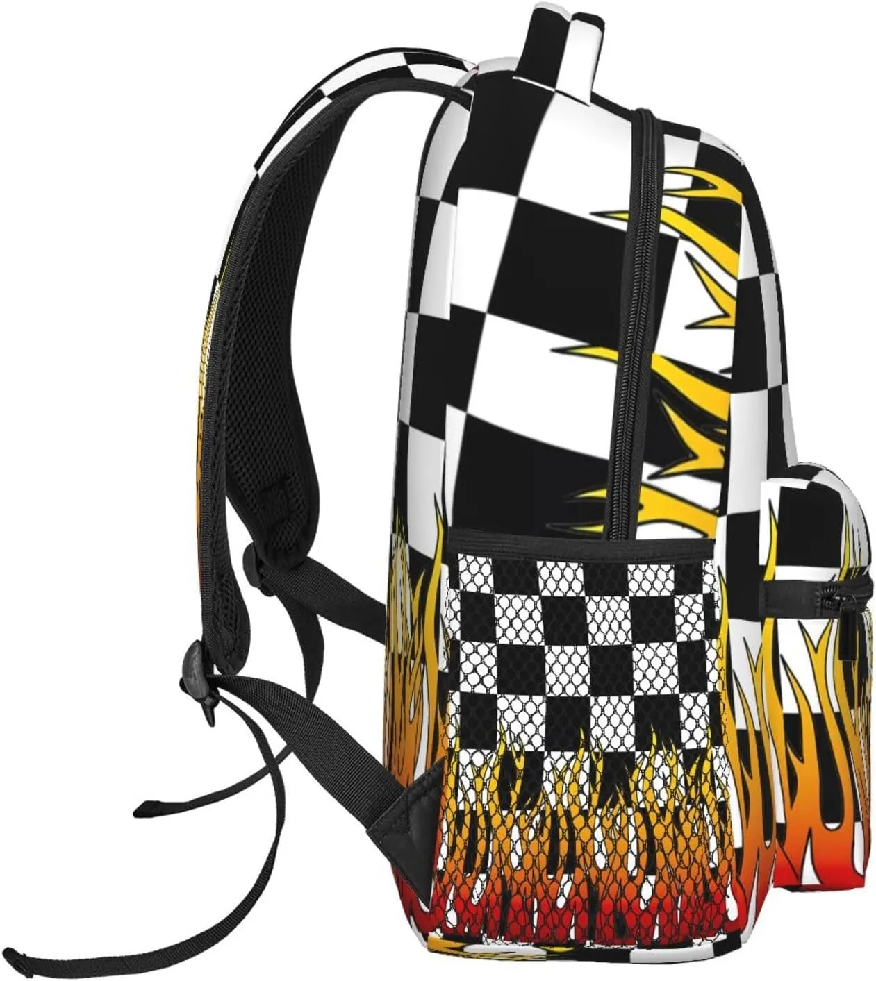 Black And White Checkered Racing Flames Flag Backpack Casual Pack Bag Laptop Backpack With Side Pocket Front Zipper Pocket Bookpack Travel Daypack Picnic Rucksack