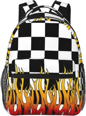 Black And White Checkered Racing Flames Flag Backpack Casual Pack Bag Laptop Backpack With Side Pocket Front Zipper Pocket Bookpack Travel Daypack Picnic Rucksack