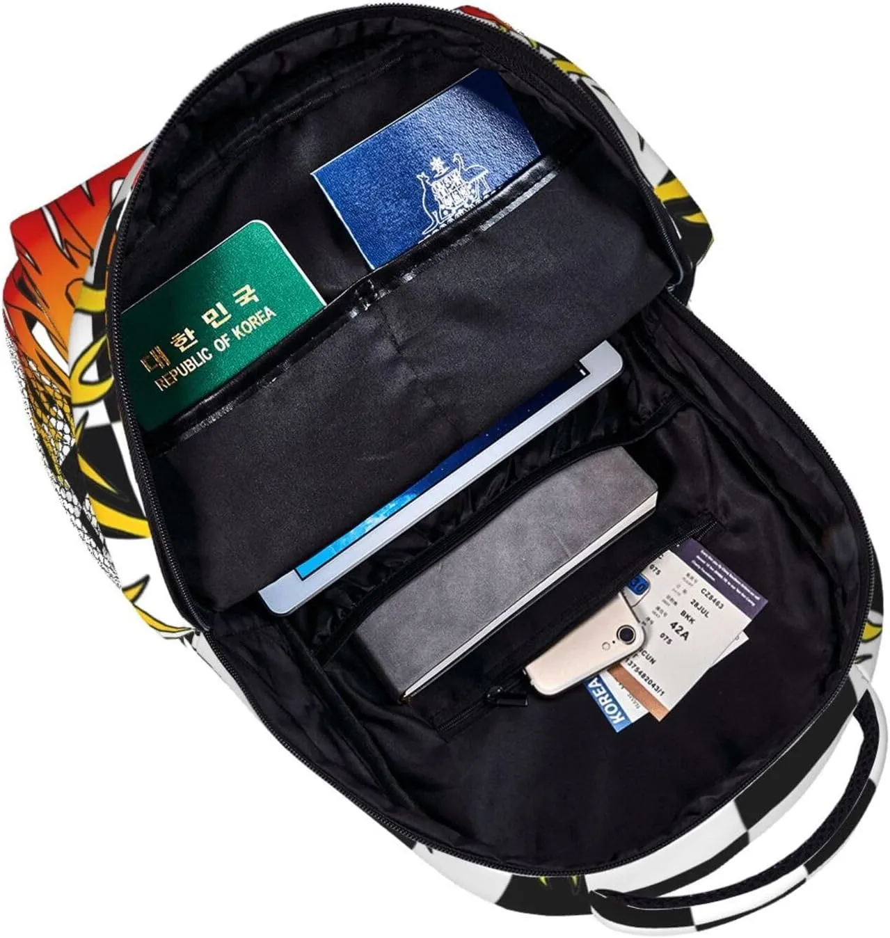Black And White Checkered Racing Flames Flag Backpack Casual Pack Bag Laptop Backpack With Side Pocket Front Zipper Pocket Bookpack Travel Daypack Picnic Rucksack