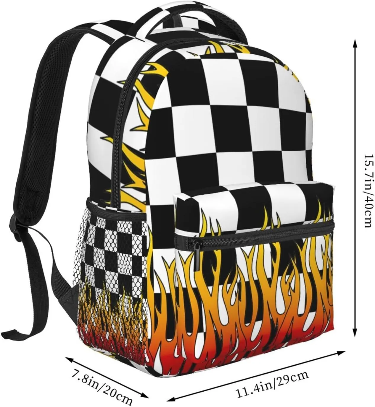 Black And White Checkered Racing Flames Flag Backpack Casual Pack Bag Laptop Backpack With Side Pocket Front Zipper Pocket Bookpack Travel Daypack Picnic Rucksack