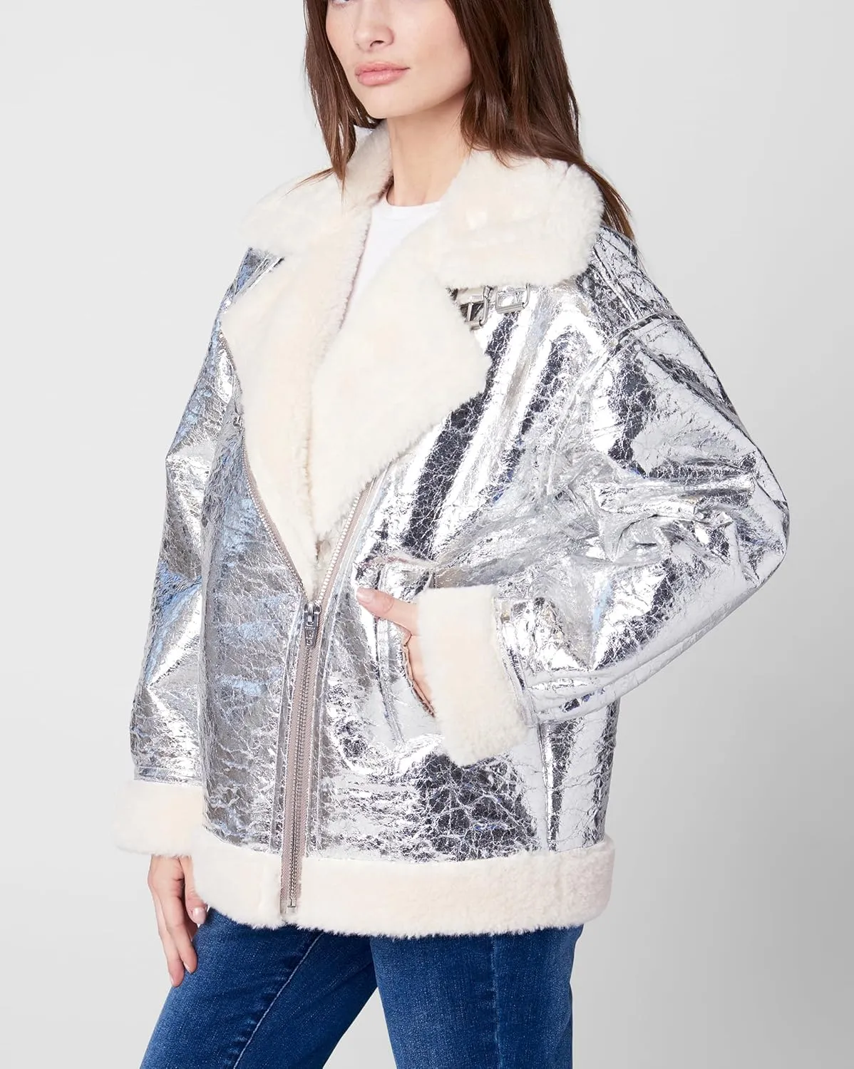 [BLANKNYC] Womens Metallic Vegan Leather Bonded Moto Jacket