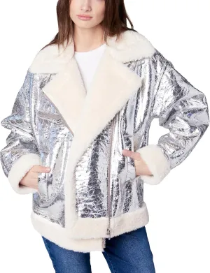 [BLANKNYC] Womens Metallic Vegan Leather Bonded Moto Jacket