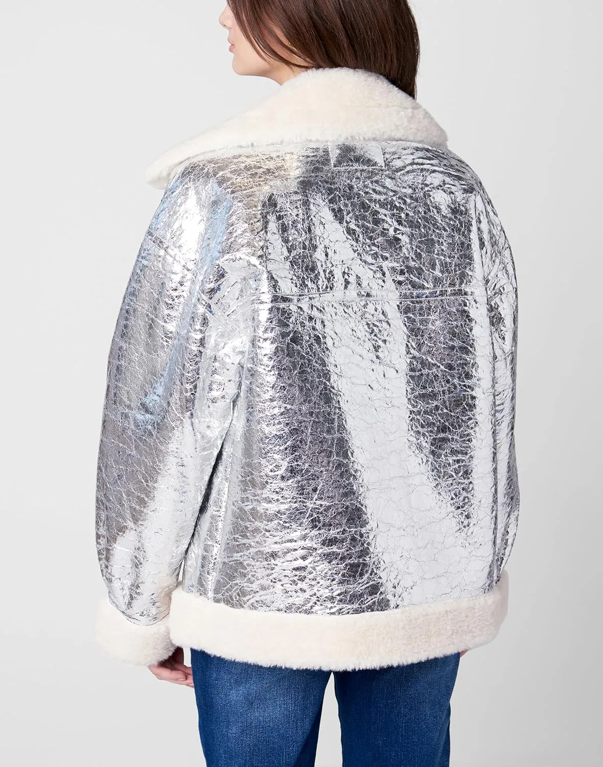[BLANKNYC] Womens Metallic Vegan Leather Bonded Moto Jacket