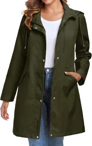 Bloggerlove Rain Jacket for Women Long Raincoat with Hood Lightweight Windbreaker Waterproof Outdoor Trench Coat