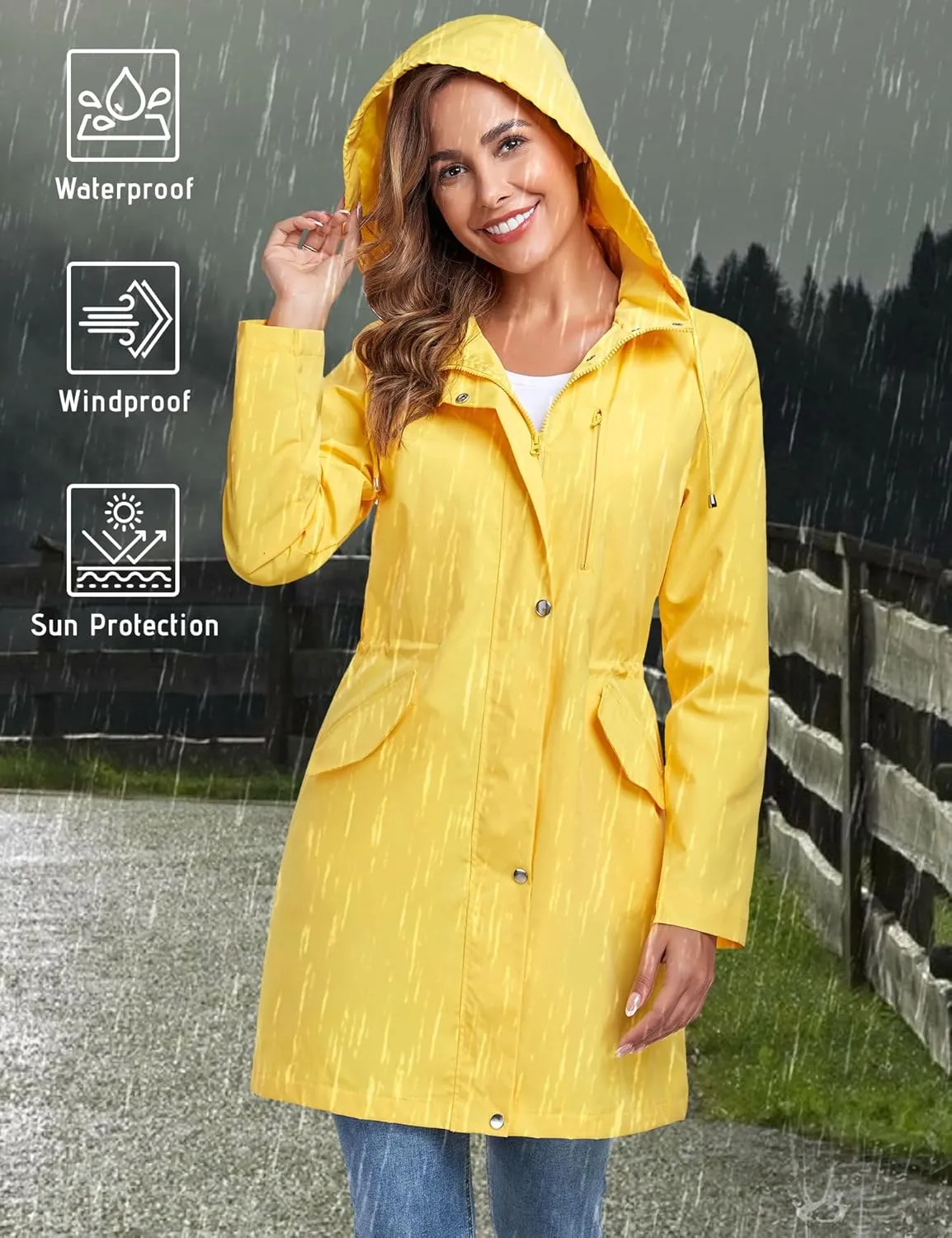 Bloggerlove Rain Jacket for Women Long Raincoat with Hood Lightweight Windbreaker Waterproof Outdoor Trench Coat
