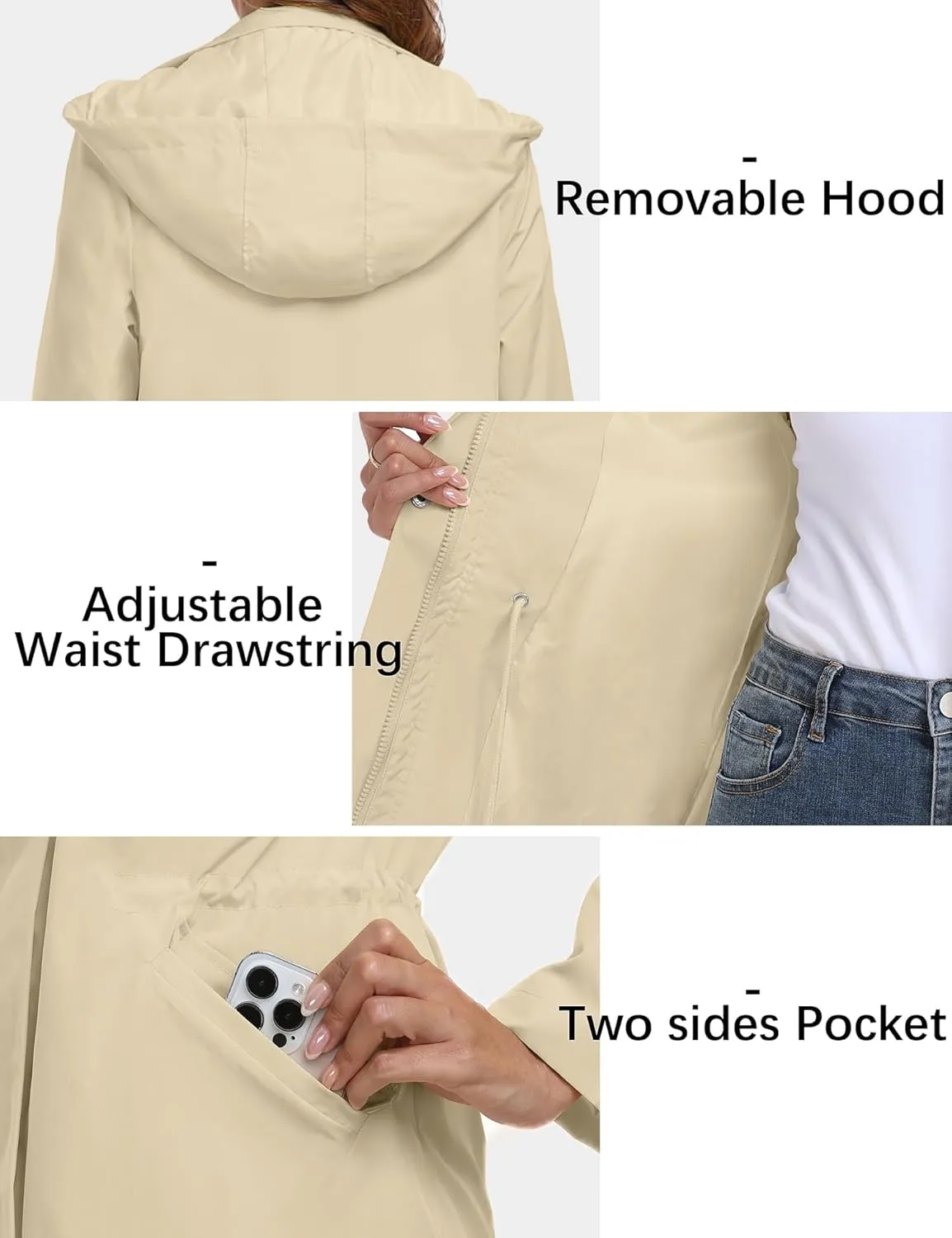 Bloggerlove Rain Jacket for Women Long Raincoat with Hood Lightweight Windbreaker Waterproof Outdoor Trench Coat