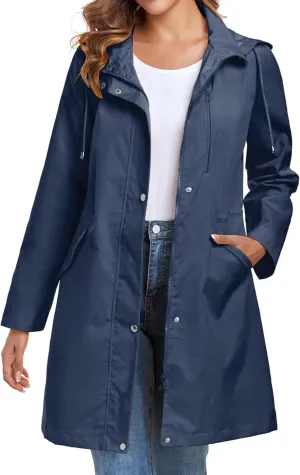 Bloggerlove Rain Jacket for Women Long Raincoat with Hood Lightweight Windbreaker Waterproof Outdoor Trench Coat