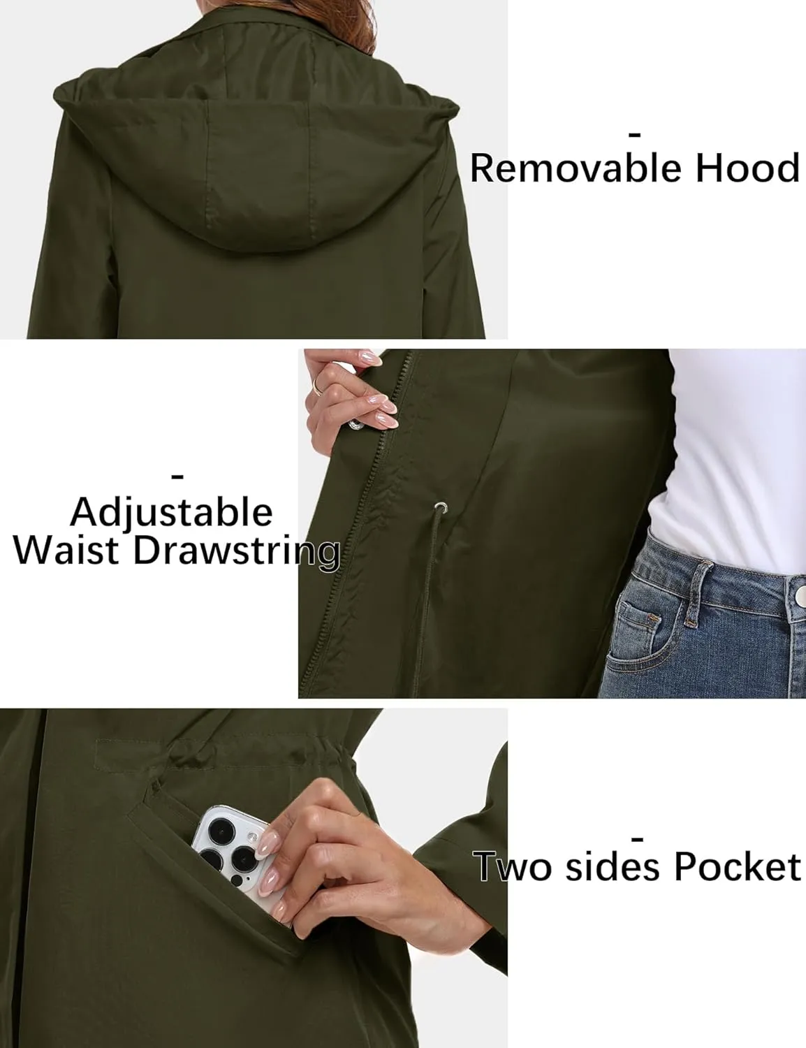 Bloggerlove Rain Jacket for Women Long Raincoat with Hood Lightweight Windbreaker Waterproof Outdoor Trench Coat