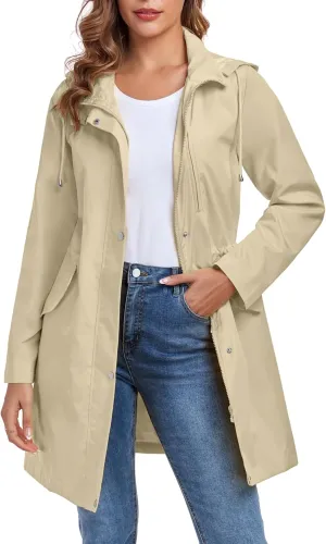 Bloggerlove Rain Jacket for Women Long Raincoat with Hood Lightweight Windbreaker Waterproof Outdoor Trench Coat