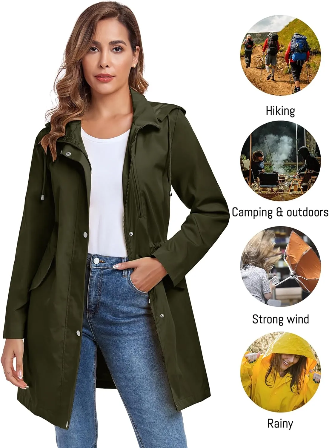 Bloggerlove Rain Jacket for Women Long Raincoat with Hood Lightweight Windbreaker Waterproof Outdoor Trench Coat